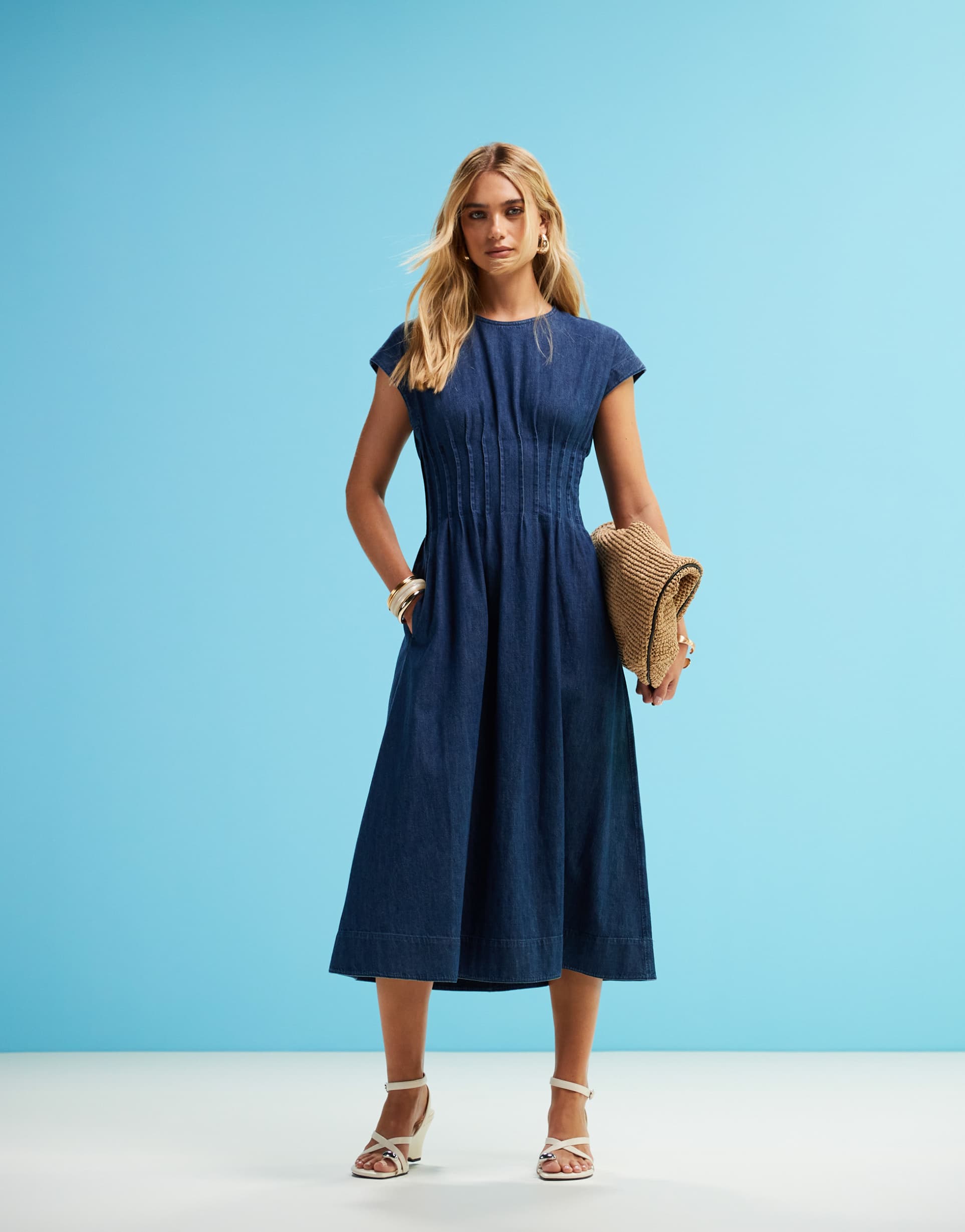 arket lightweight denim midi dress with pleated bodice in mid wash blue