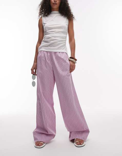 ARKET poplin straight leg trousers with pull-on waist in lilac stripes