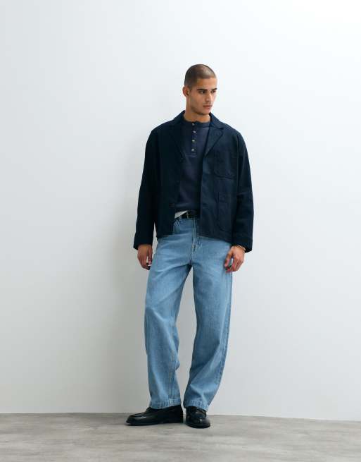 ARKET linen blend blazer in navy blue, 3 of 5