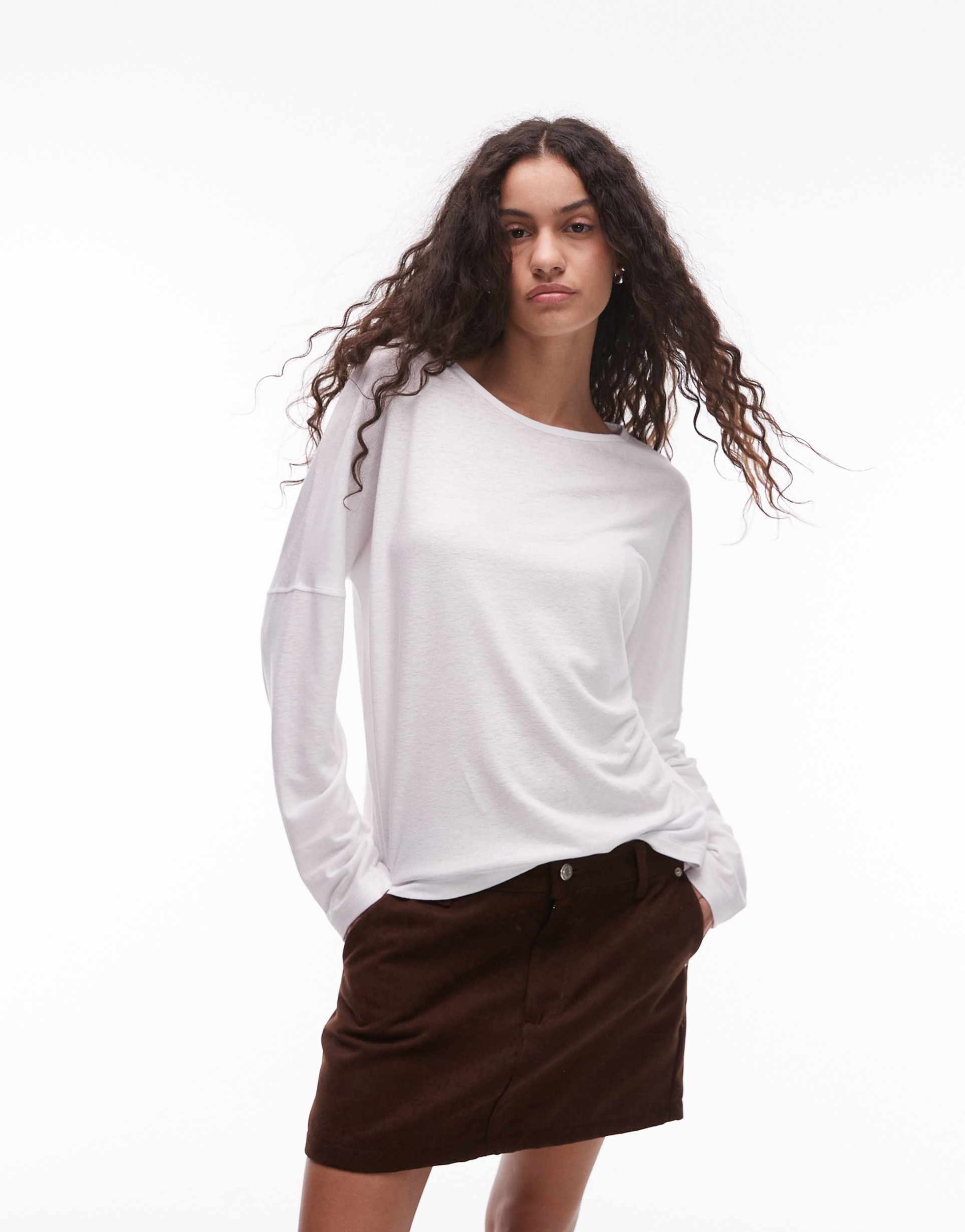 arket linen blend relaxed top with seamed long sleeves in white