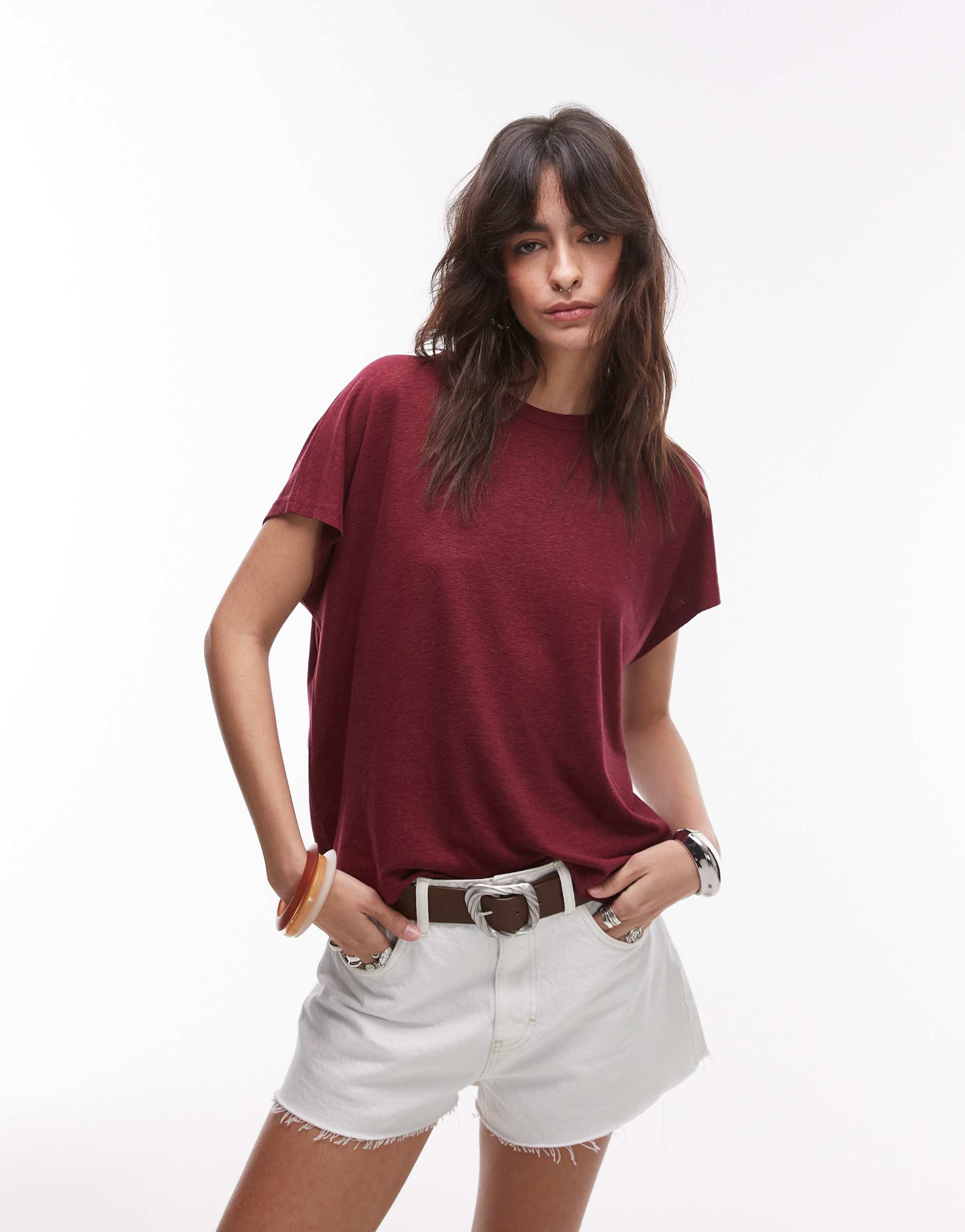 arket linen blend t-shirt with cap sleeves in burgundy wine