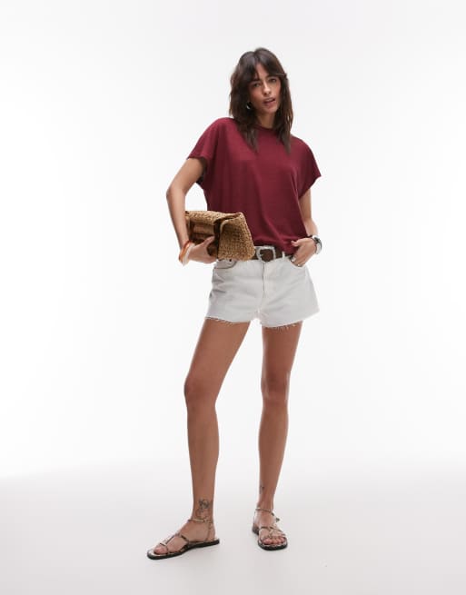 ARKET linen blend T-shirt with cap sleeves in burgundy wine, 4 of 4