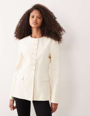 ARKET linen look collarless blazer in off white