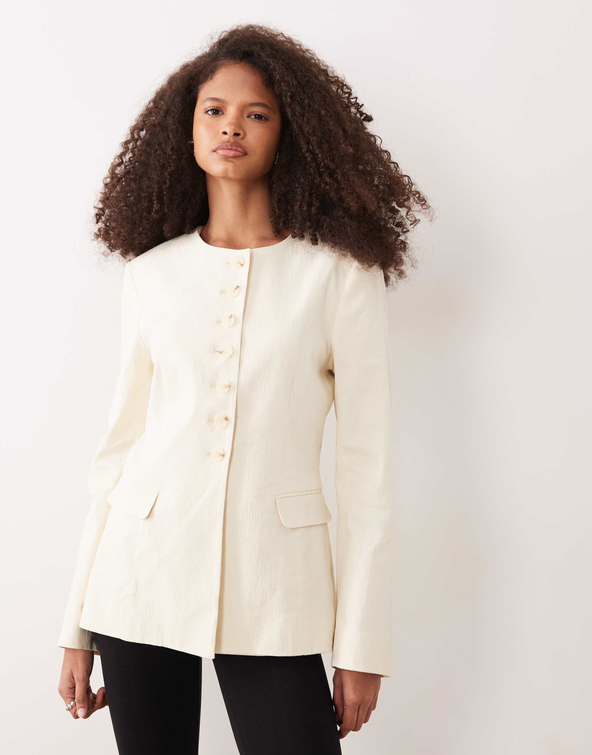arket linen look collarless blazer in off white