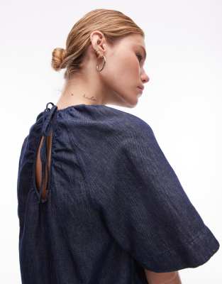 Arket Linen Mix Denim Top With Volume Sleeves In Blue