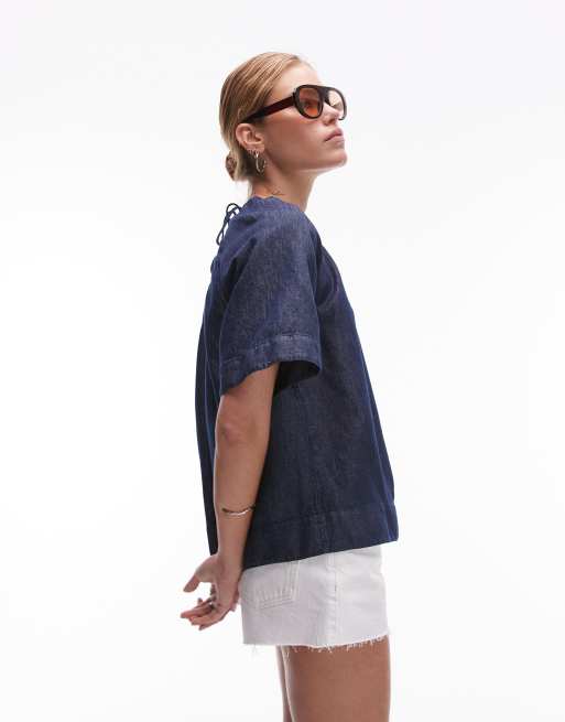 ARKET linen mix denim top with volume sleeves in clean indigo blue, 3 of 4