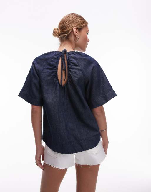 ARKET linen mix denim top with volume sleeves in clean indigo blue, 4 of 4