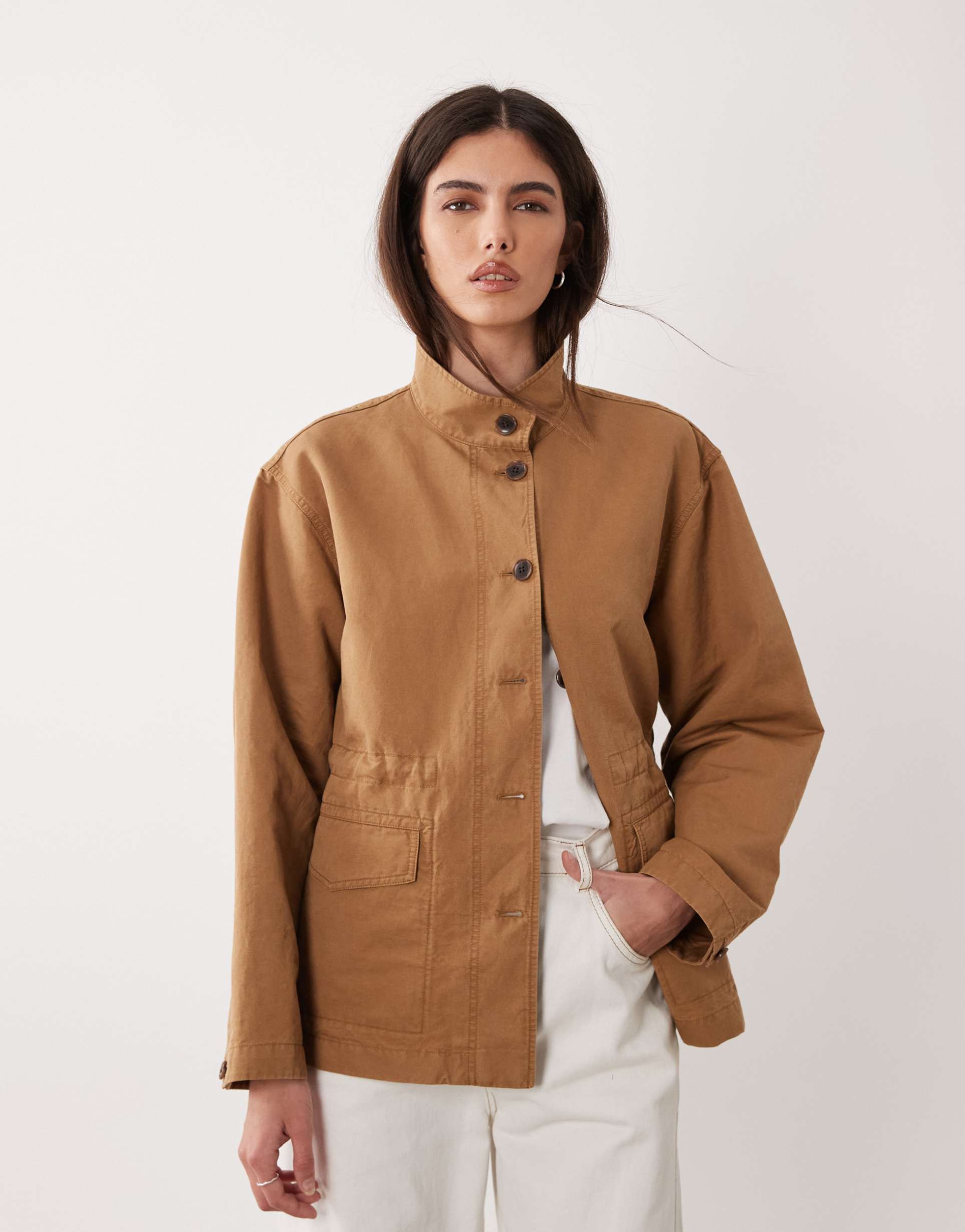 arket linen mix washed overshirt with front pockets in dark beige