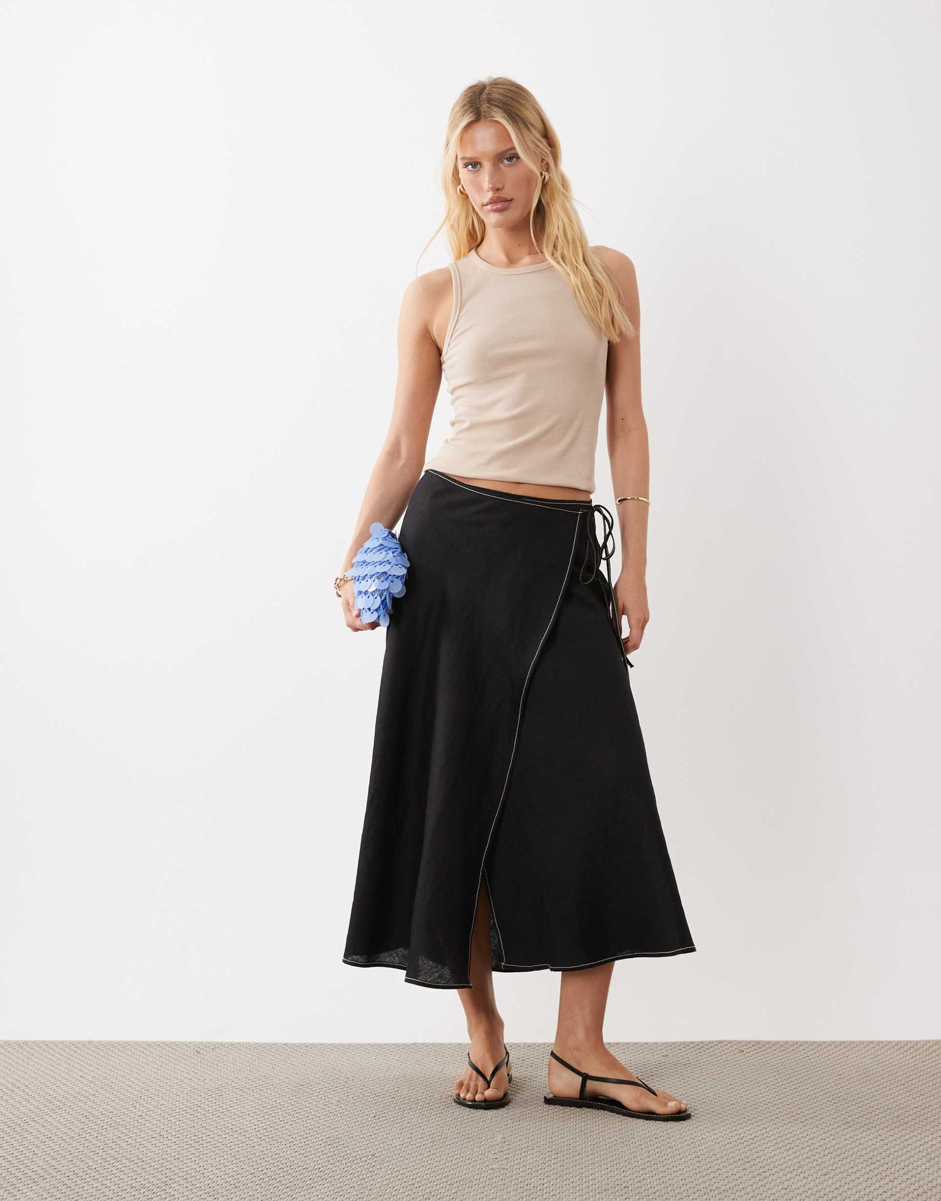 arket linen mix wrap midi skirt in black