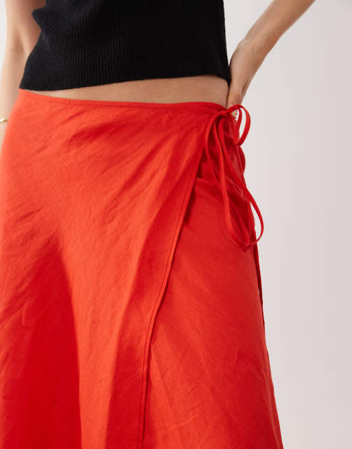 ARKET linen mix wrap skirt in red, 3 of 5