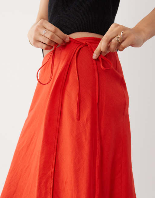 ARKET linen mix wrap skirt in red, 4 of 5