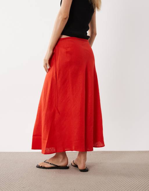ARKET linen mix wrap skirt in red, 5 of 5