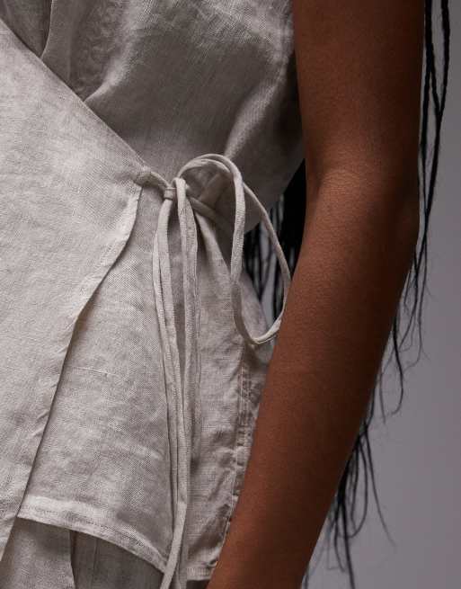 ARKET linen sleeveless shirt with tie wrap front in beige, 3 of 4