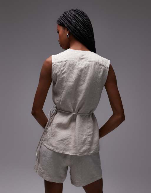 ARKET linen sleeveless shirt with tie wrap front in beige, 4 of 4