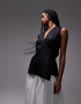 linen sleeveless shirt with tie wrap front in black