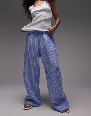 Arket ARKET linen straight leg trousers with pull-on waist in blue stripes