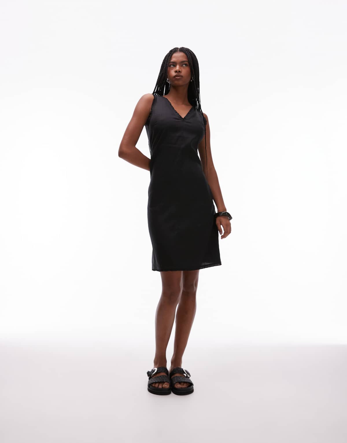 ARKET linen v-neck midi shift dress with frill trim in black