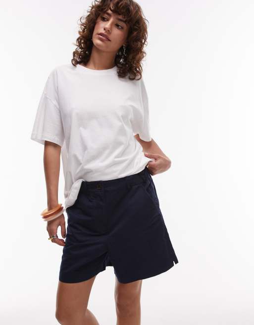 ARKET - Linnen chinoshorts met halfhoge taille in marineblauw, 3 van 5