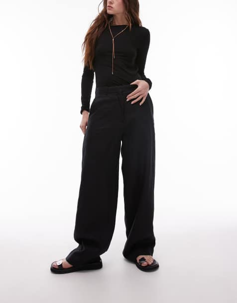 ARKET linen straight leg trousers with flat front  in black