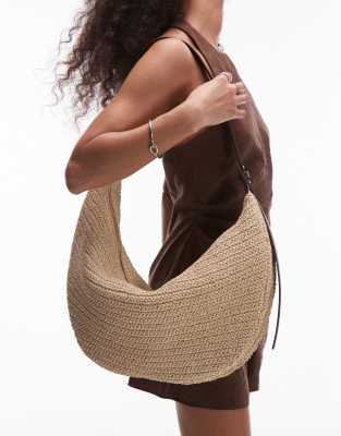 ARKET - Lockere, geschwungene Schultertasche aus Stroh in hellem Ton mit schwarzen Lederdetails-Neutral