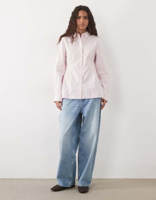 ARKET long sleeve button up poplin shirt in light pink, 3 of 4
