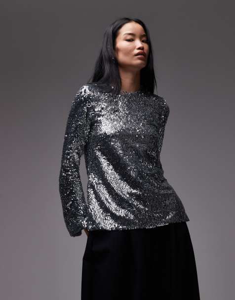 ARKET long sleeve keyhole back sequin top in silver - view 1