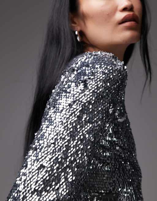 ARKET long sleeve keyhole back sequin top in silver | ASOS