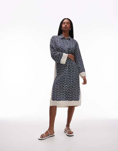 ARKET long sleeve midi shirt dress in blue and white print - view 1