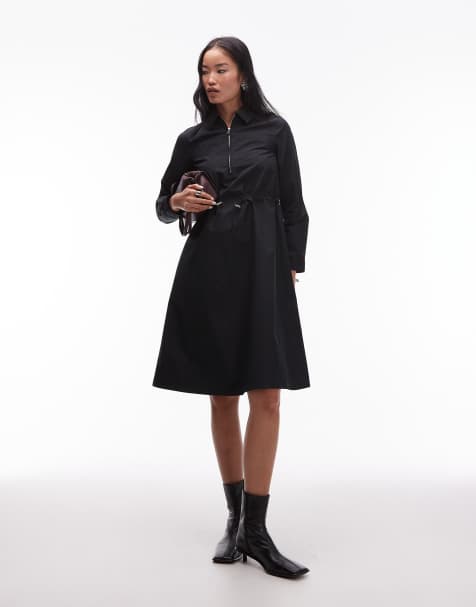 ARKET long sleeve mini shirt dress with cinch-waist detail in black - view 1