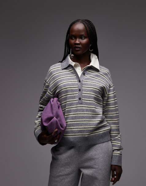 ARKET long sleeve polo in grey and yellow stripe - view 1