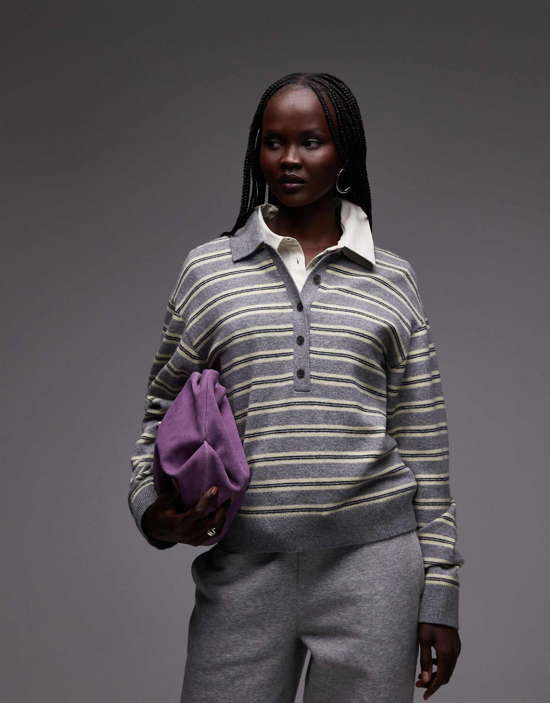 arket long sleeve polo shirt in gray and yellow stripes