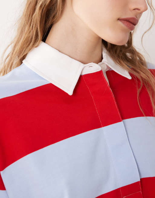 ARKET long sleeve rugby polo shirt in blue & red stripe, 3 of 4
