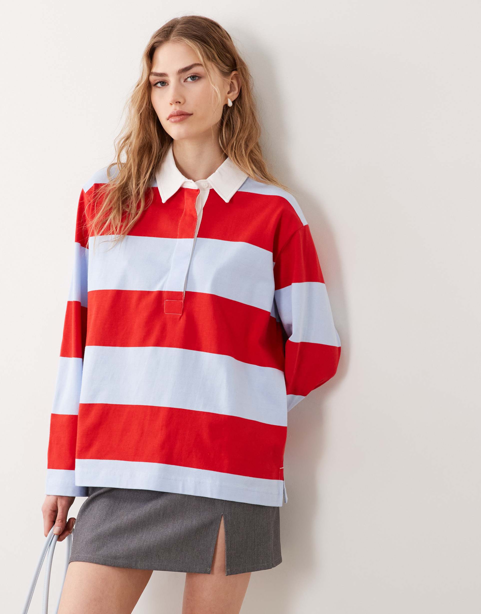 arket long sleeve rugby polo shirt in blue & red stripes