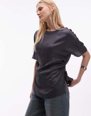 Arket Longline T-shirt With Ruched Waist In Gray