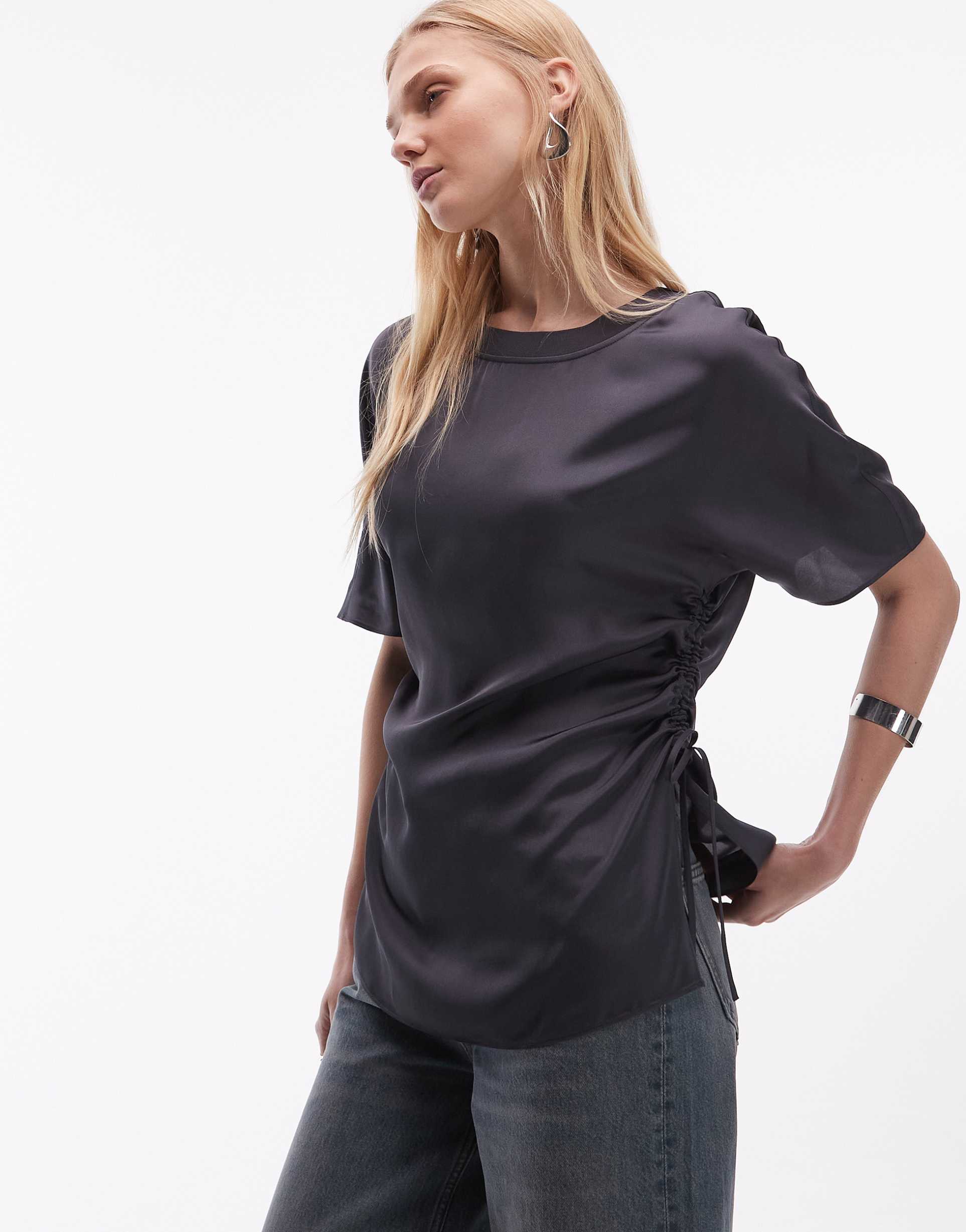 arket longline t-shirt with ruched waist in dark gray