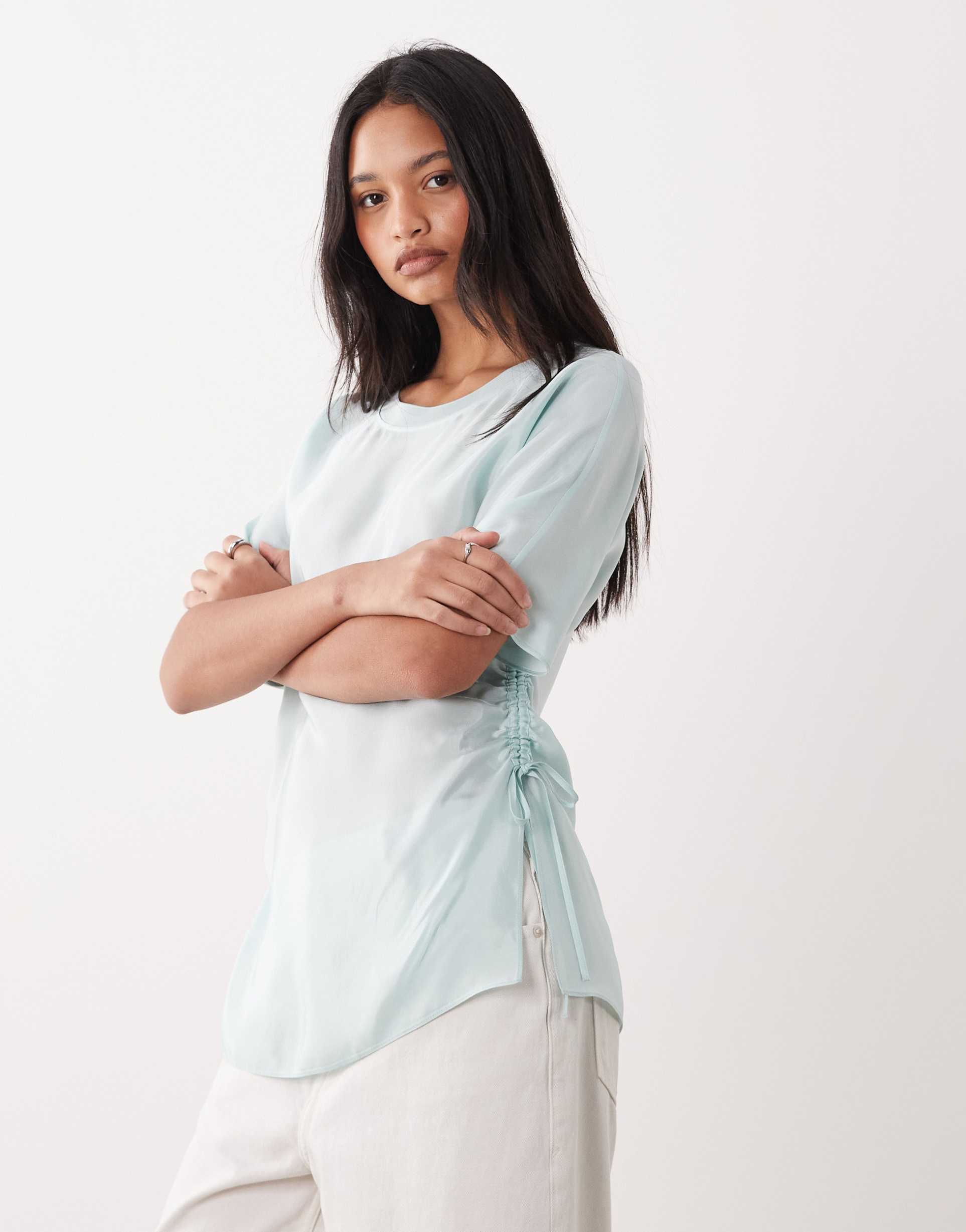 arket longline t-shirt with ruched waist in mint green