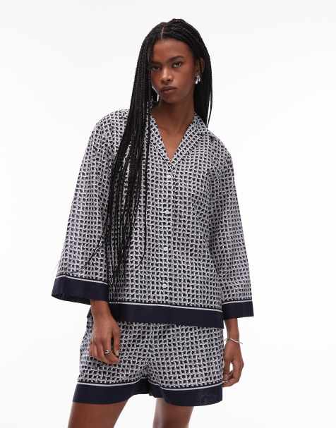 ARKET loose fit beach shirt with camp collar in blue abstract tile print - view 1