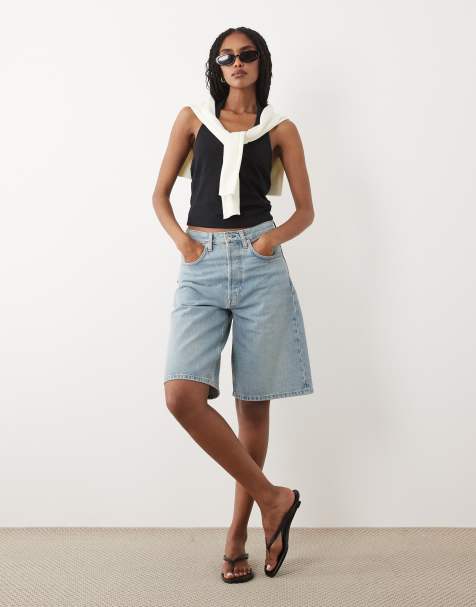 ARKET loose fit denim shorts in mid wash blue - view 1