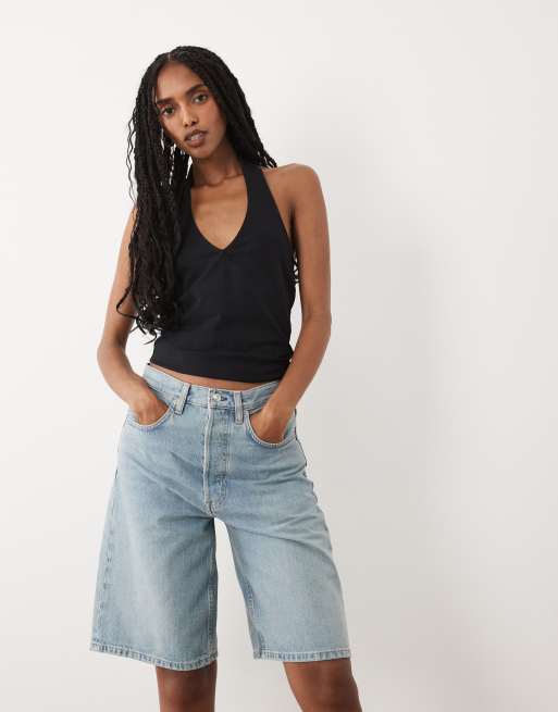 ARKET loose fit denim shorts in mid wash blue, 2 of 5