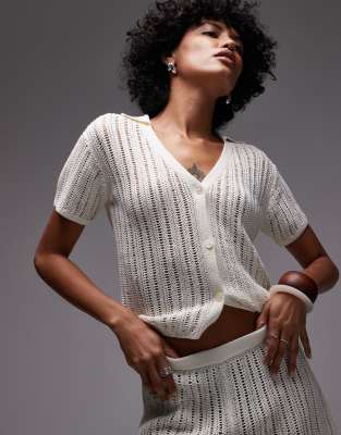 Arket ARKET loose fit paper knitted short sleeve beach button up shirt in off white