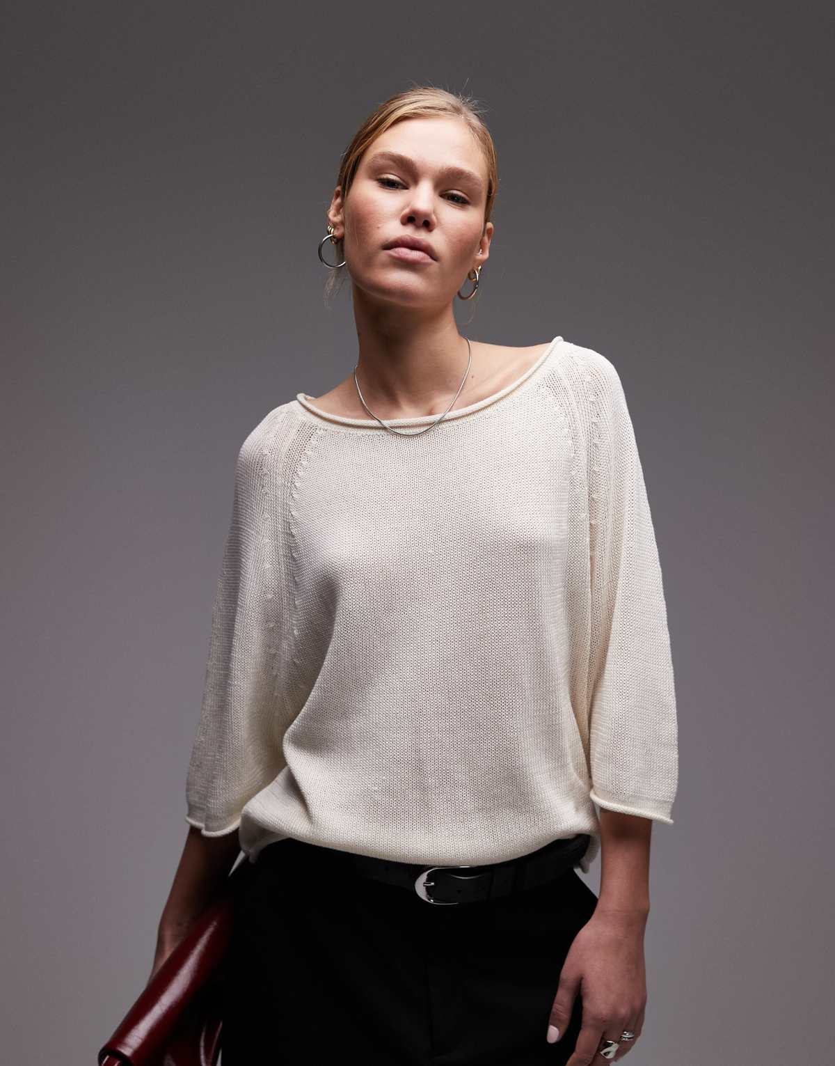 ARKET loose knit sweater with 3/4 sleeves in off-white