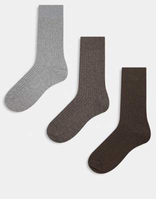 ARKET - Lot de 3 paires de chaussettes côtelées riches en coton - Gris chiné et marron-Multicolore