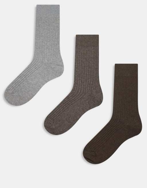 ARKET - Lot de 3 paires de chaussettes côtelées riches en coton - Gris chiné et marron