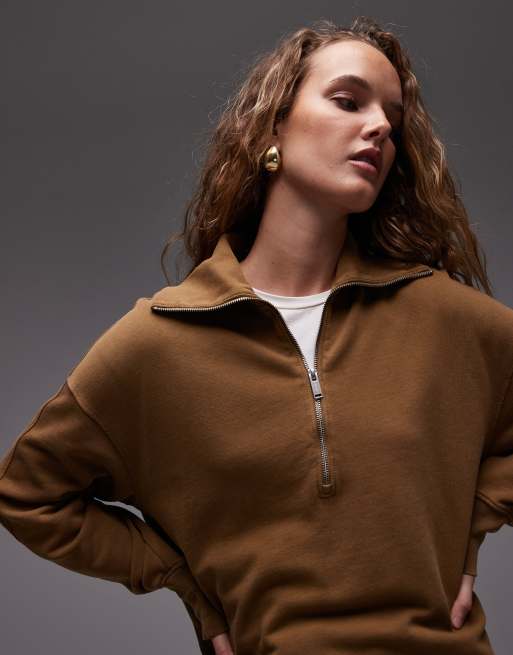 ARKET - Lysebrun sweater i ren bomuld med halv lynlås, 3 af 4