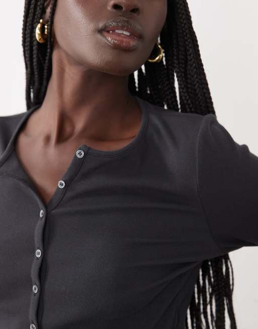 ARKET maglia serafino aderente a maniche lunghe in misto cotone nera, 4 di 4