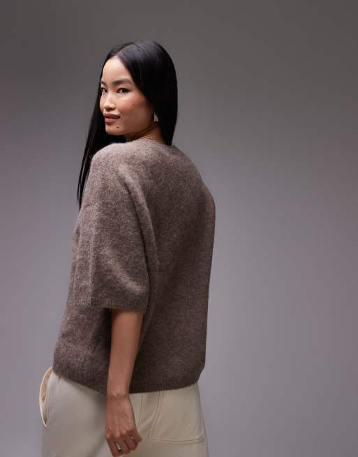ARKET - Maglione a maniche corte beige scuro mélange in misto lana e alpaca, 4 di 4