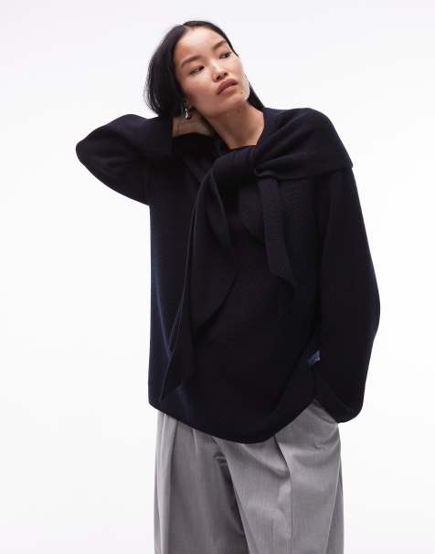 ARKET - Maglione blu navy scuro a coste in misto lana con sciarpa stile scialle - view 1