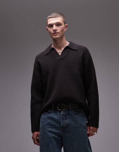 ARKET - Maglione lavorato in lana a coste marrone scuro con colletto stile polo - view 1