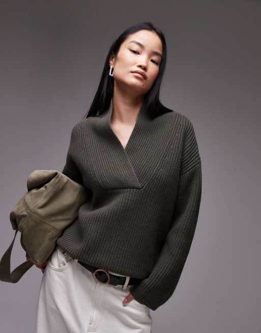 ARKET - Maglione oversize verde kaki in misto lana a coste con scollo sciallato