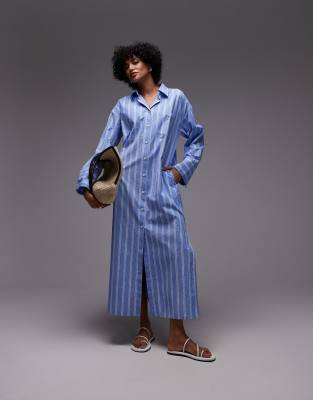 ARKET - Maxi-Hemdblusenkleid aus reiner Baumwolle in Blau mit Seitenschlitz und Ärmeln mit Einsätzen